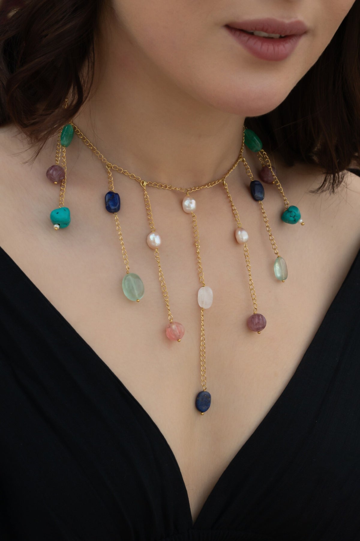Natural Stone Embellished Necklace 