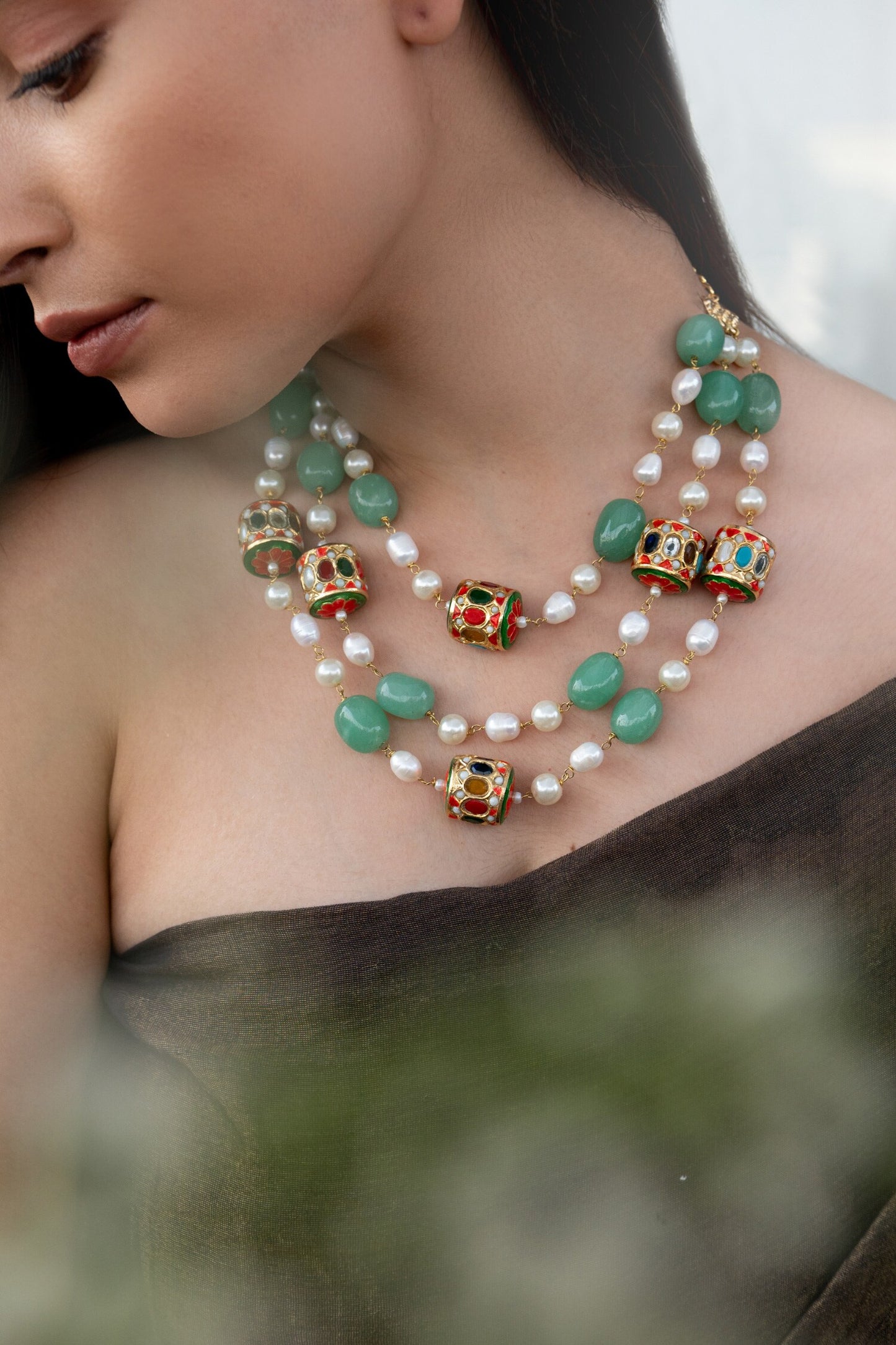 Pearl & Natural Stone Multi Layered Necklace 