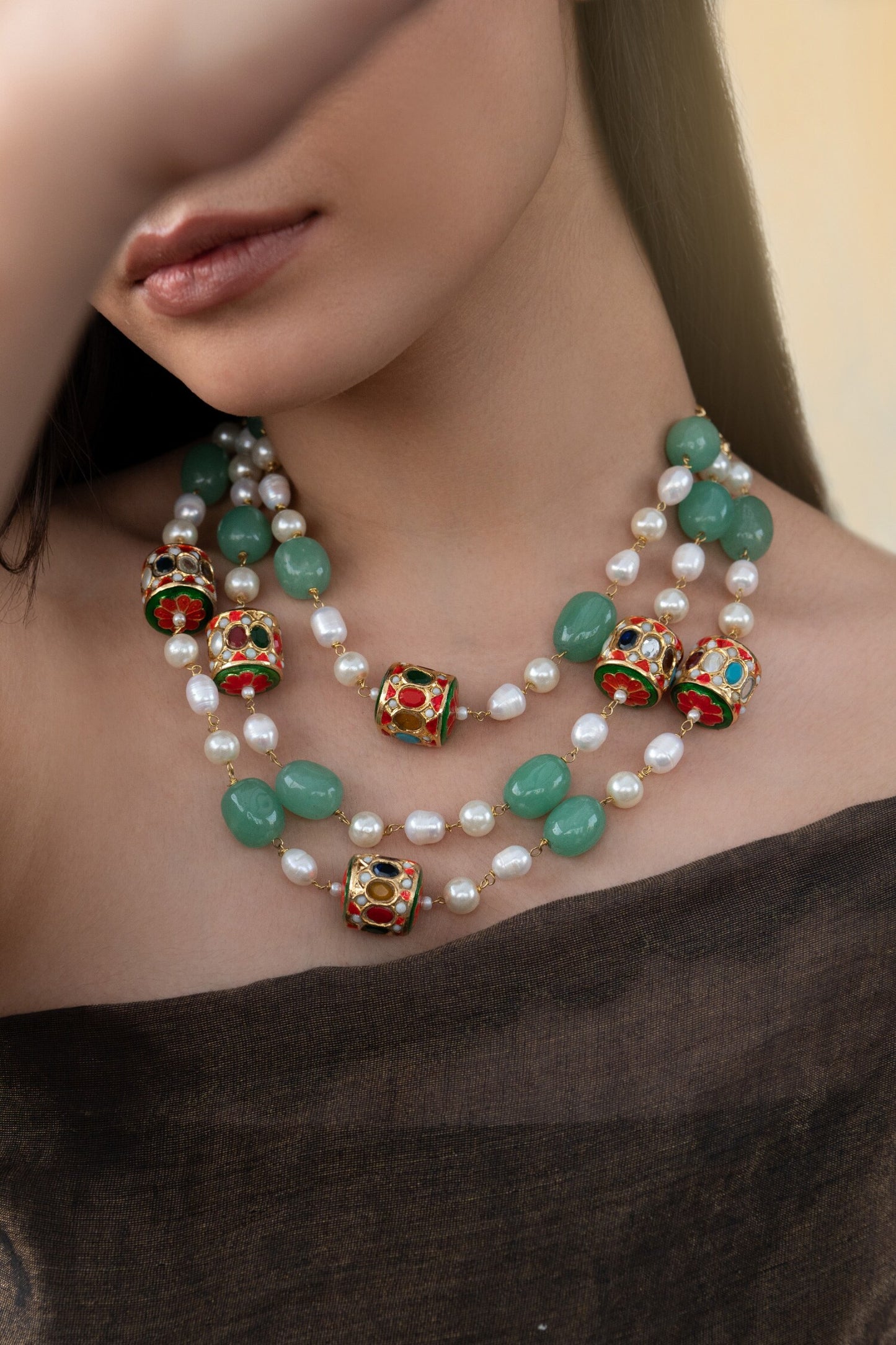 Pearl & Natural Stone Multi Layered Necklace 