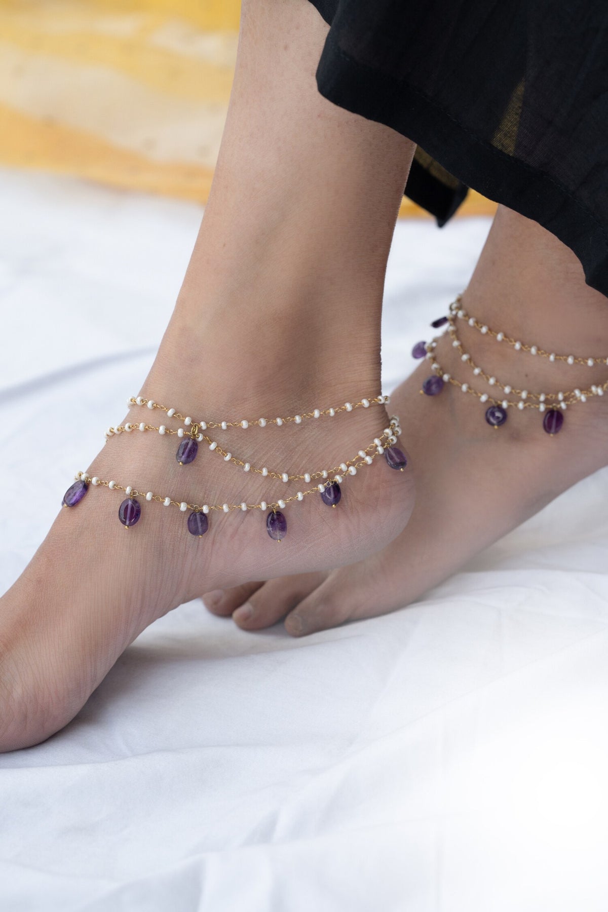 Multi Layered Pearl & Onyx Anklets Set of 2 