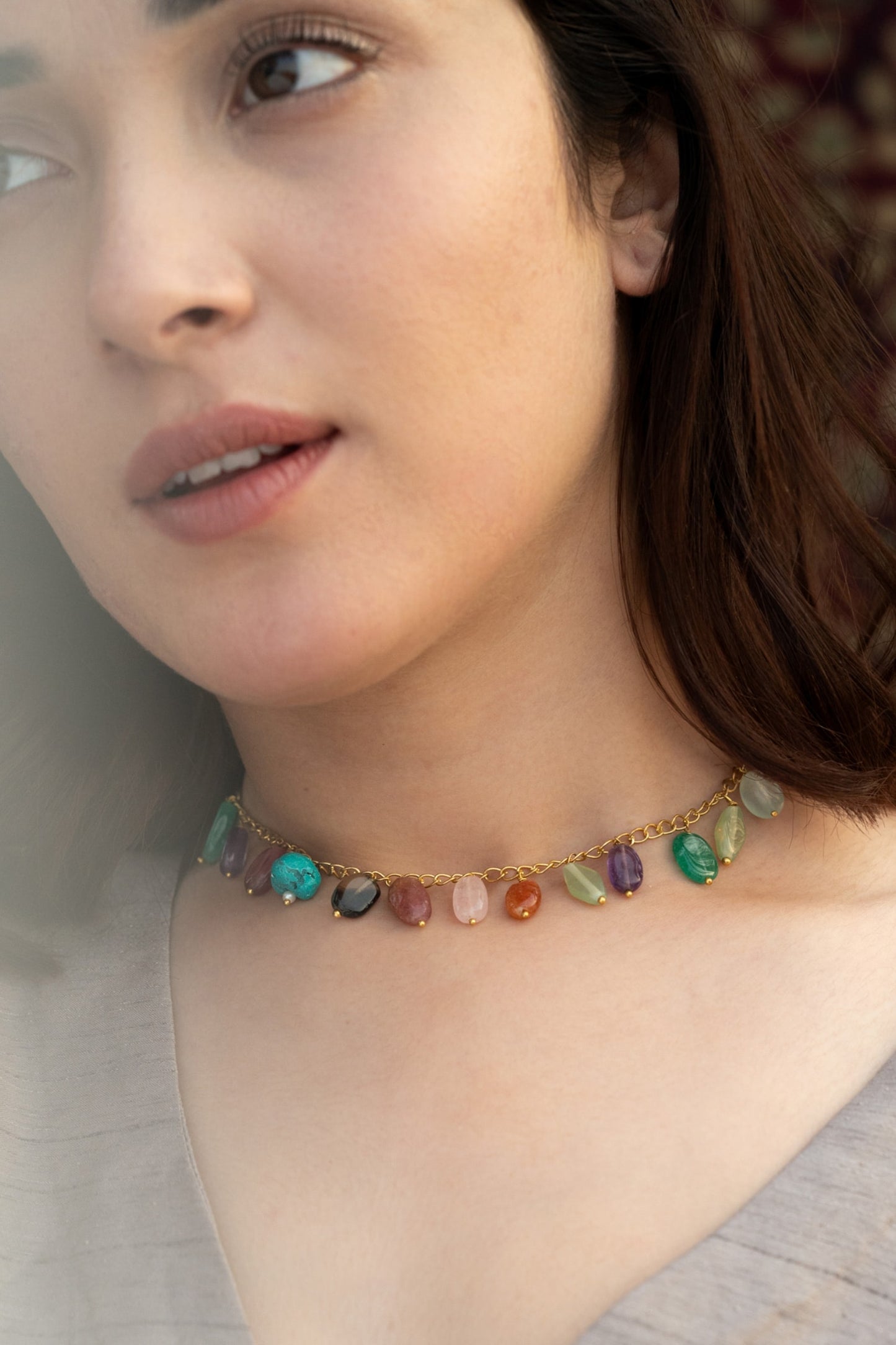 Natural Stone Embellished Choker Necklace 