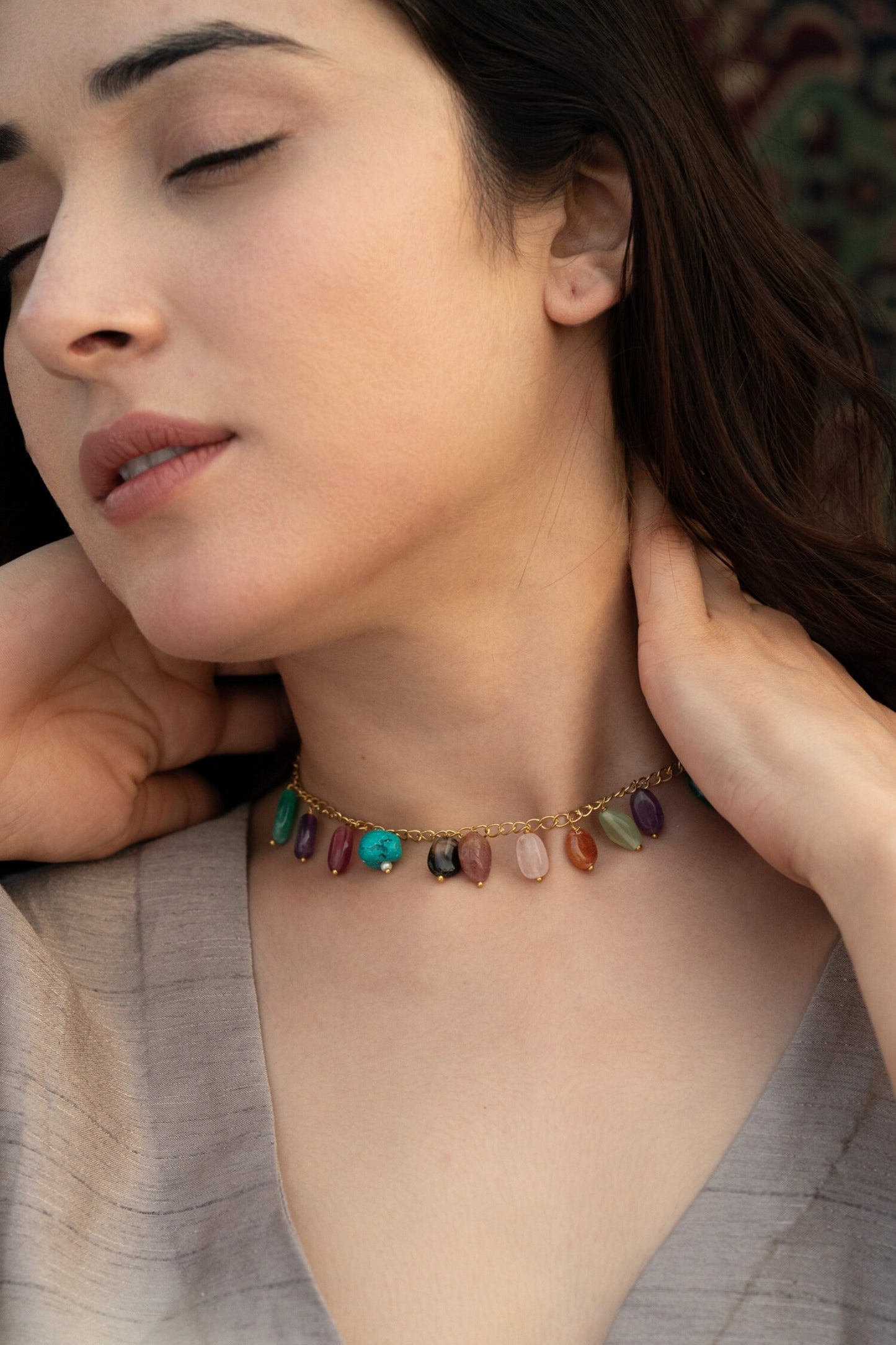 Natural Stone Embellished Choker Necklace 