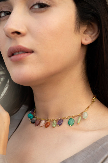 Natural Stone Embellished Choker Necklace 