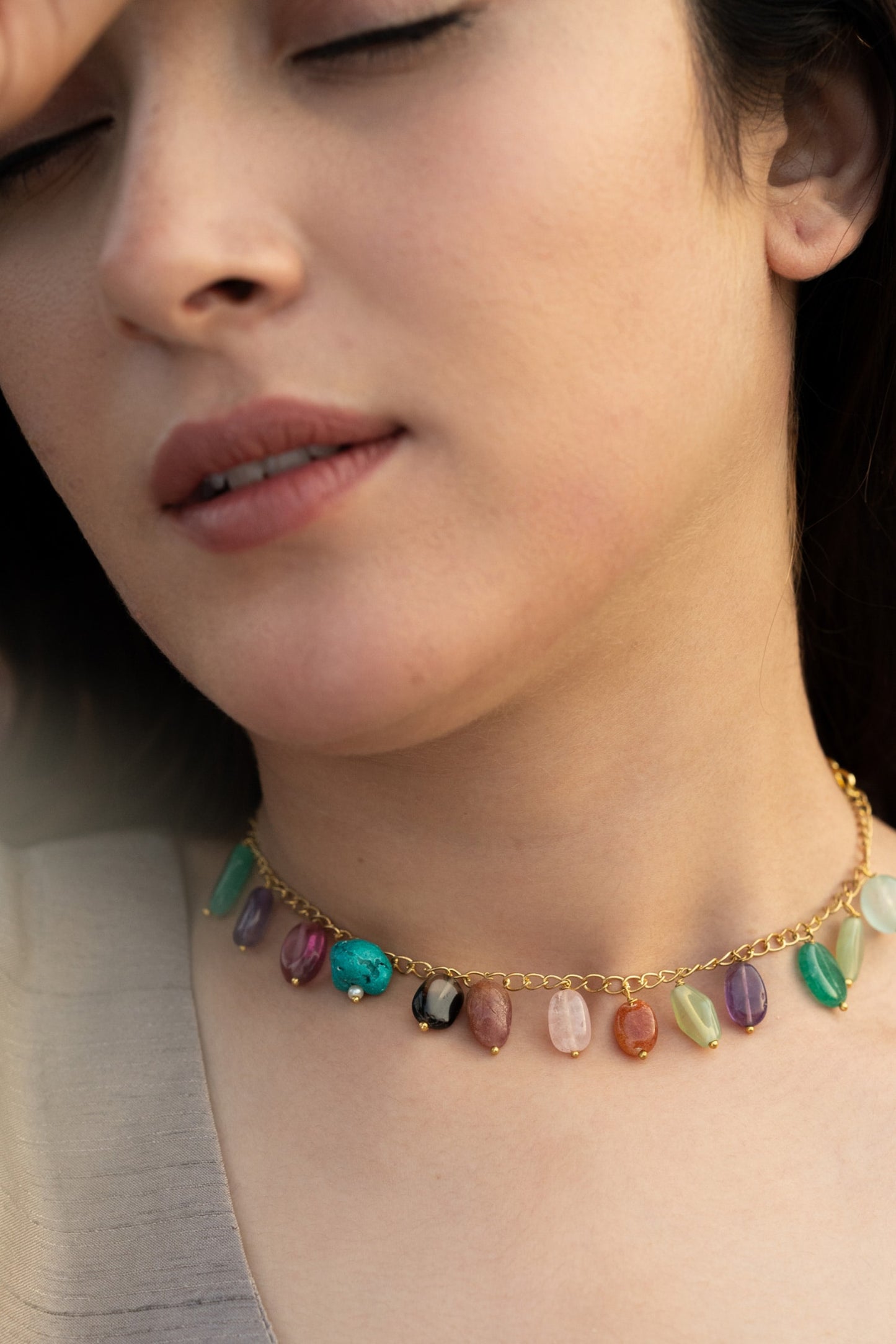 Natural Stone Embellished Choker Necklace 