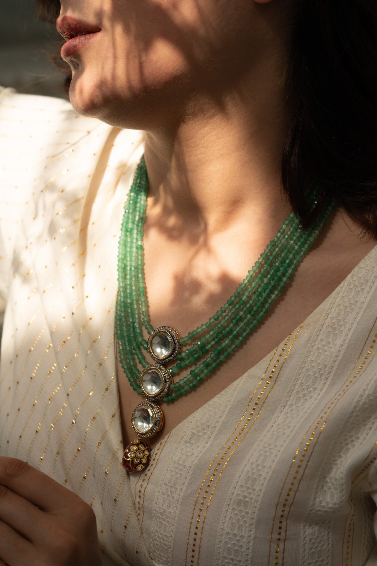 Multi Layered Onyx Stone Polki Necklace 