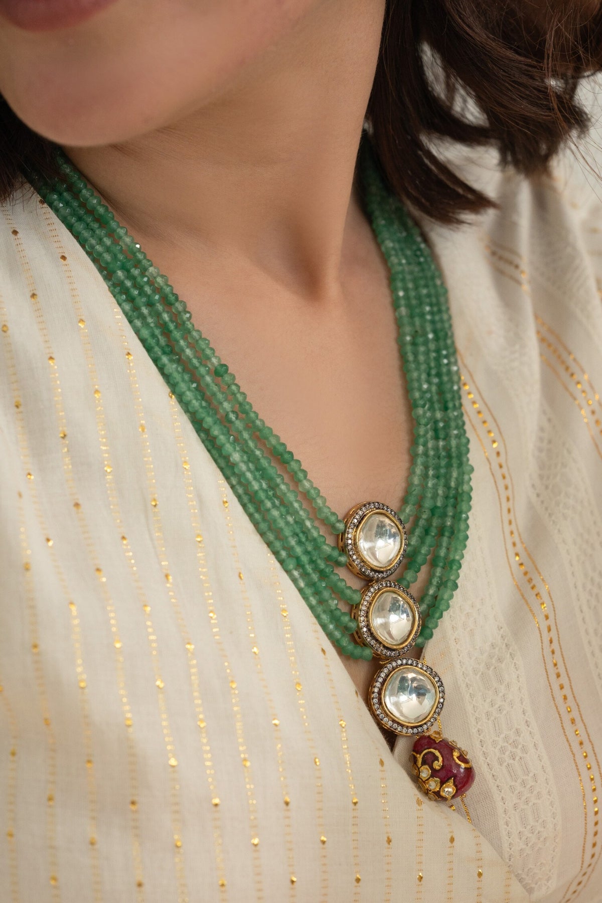Multi Layered Onyx Stone Polki Necklace 
