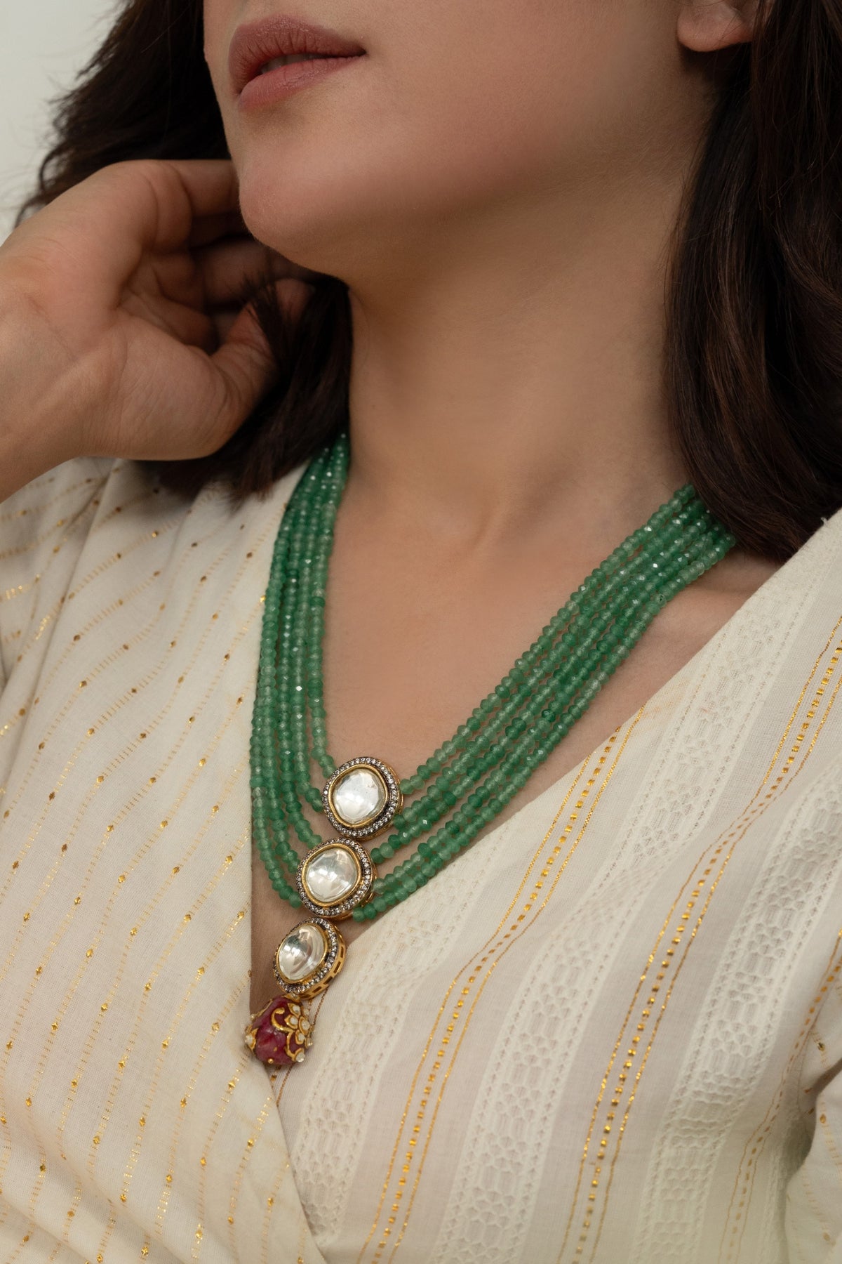 Multi Layered Onyx Stone Polki Necklace 