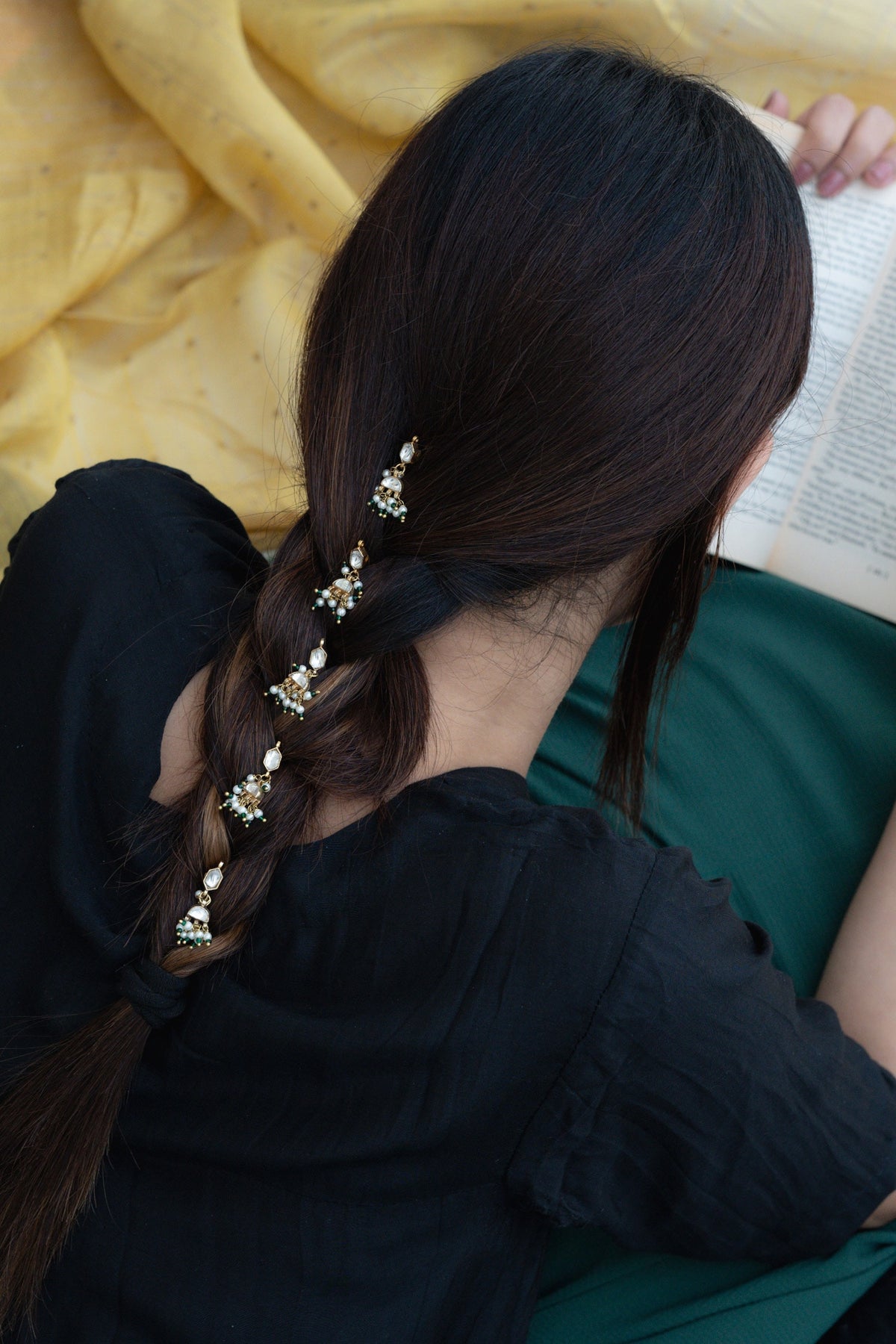 Hexa Shaped Kundan Braid Pins - Set Of 5 
