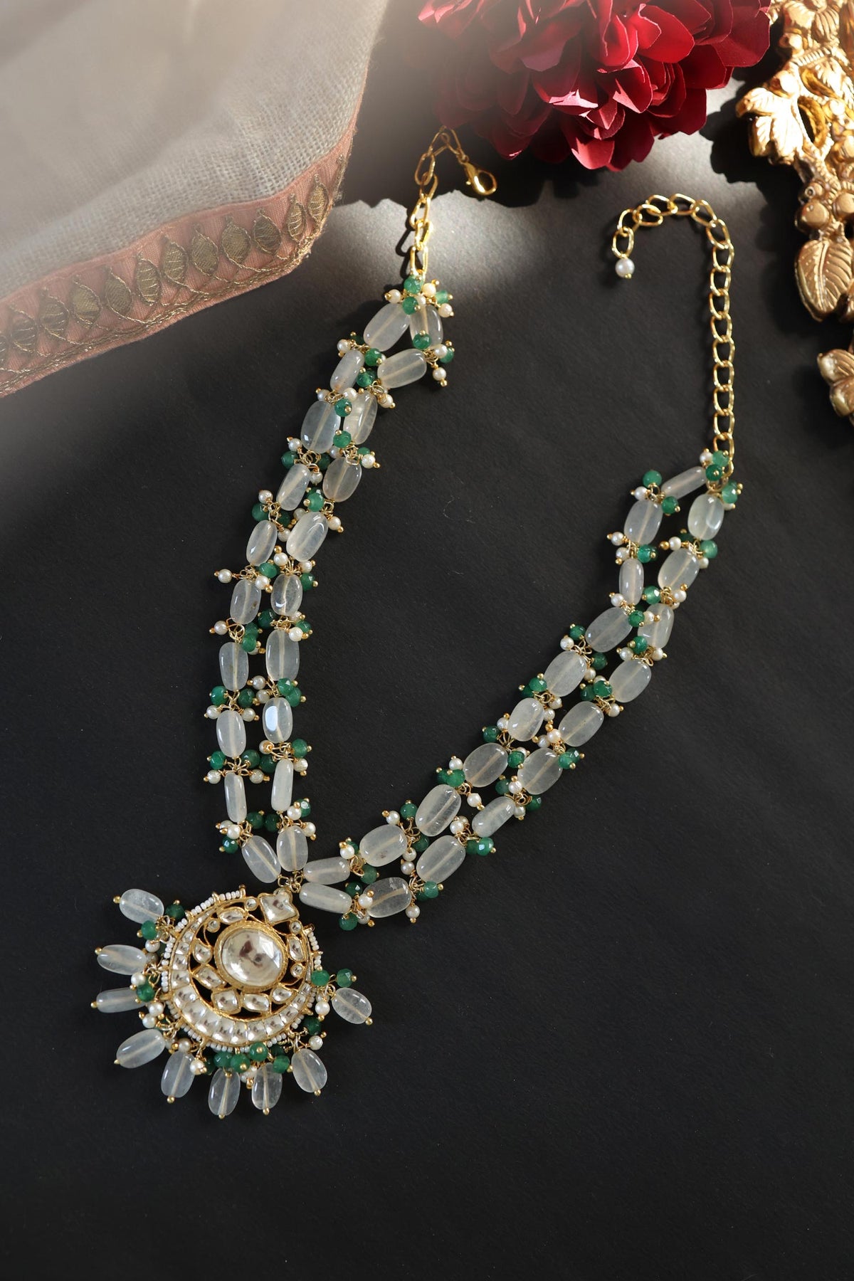 Ornate Bloom Kundan & Onyx Stone Embellished Necklace 