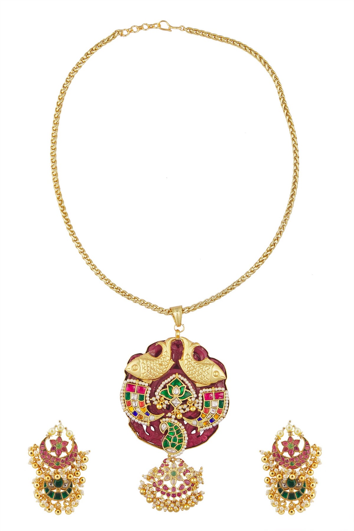 Fish Pendant Kundan Necklace Set 