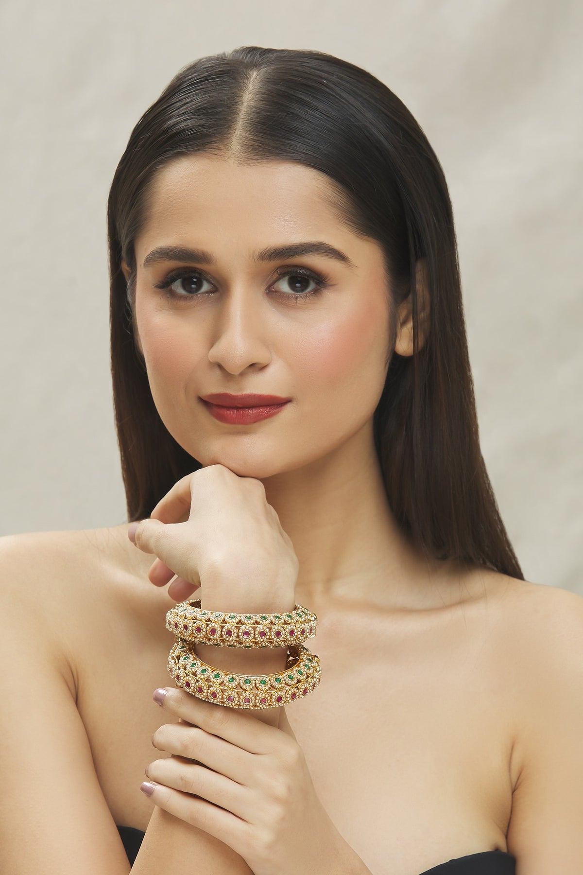 Floral Butti Kundan Stone Embellished Bangles- Set of 2 
