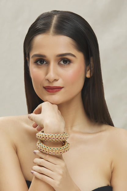 Floral Butti Kundan Stone Embellished Bangles- Set of 2 