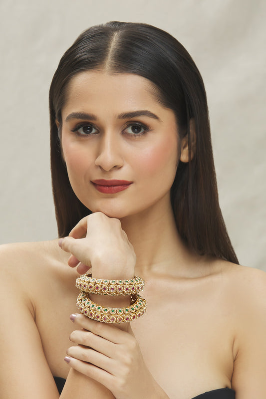Floral Butti Kundan Stone Embellished Bangles- Set of 2 