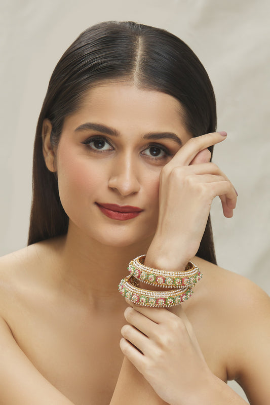Floral Kundan Stone Embellished Bangles- Set of 2 