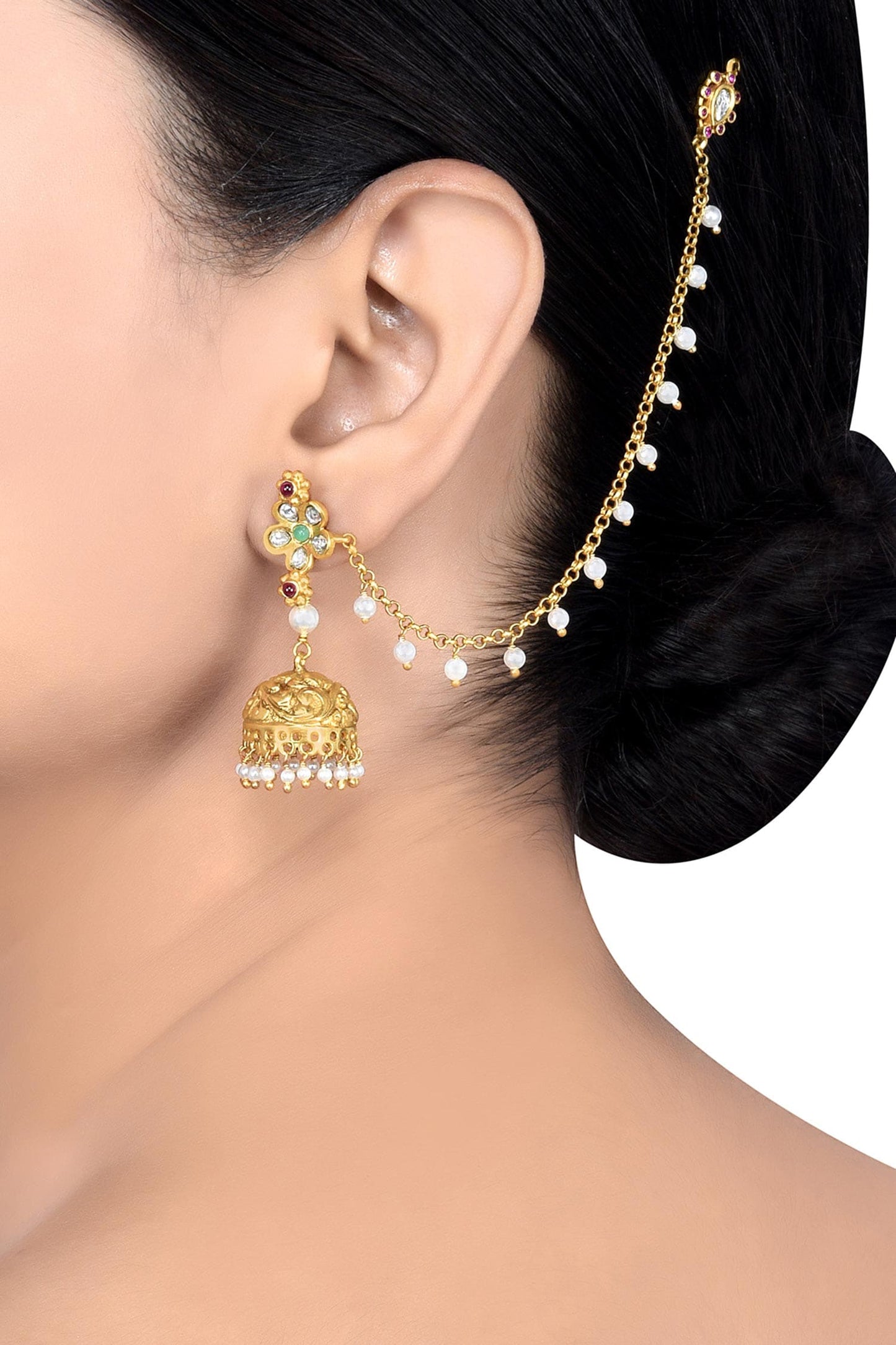 Parnika Embellished Floral Jhumka Earrings With Hair Chain 
