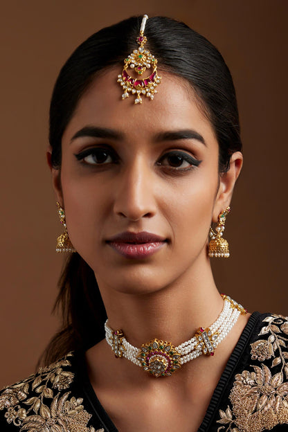 Parnika Embellished Floral Jhumka Earrings With Hair Chain 