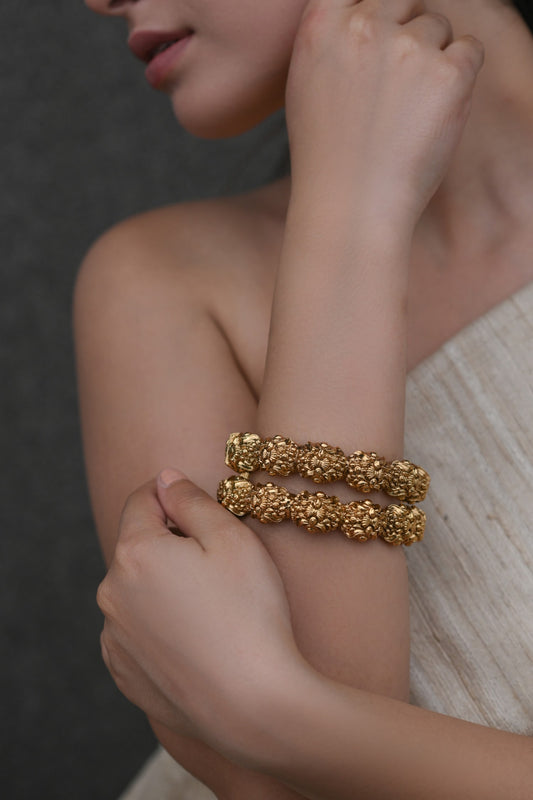 Gold Embossed Temple Bangles Set 