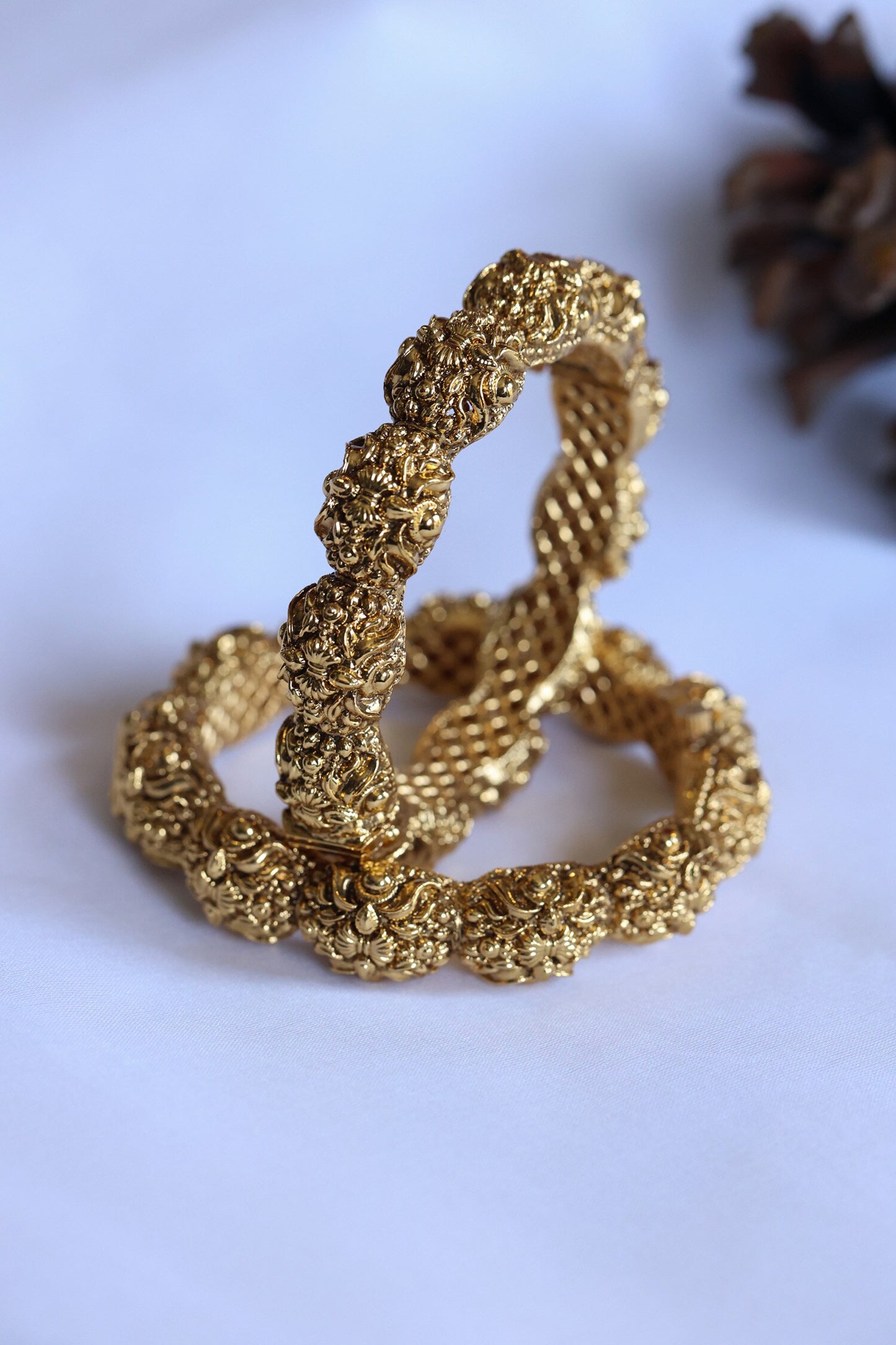 Gold Embossed Temple Bangles Set 