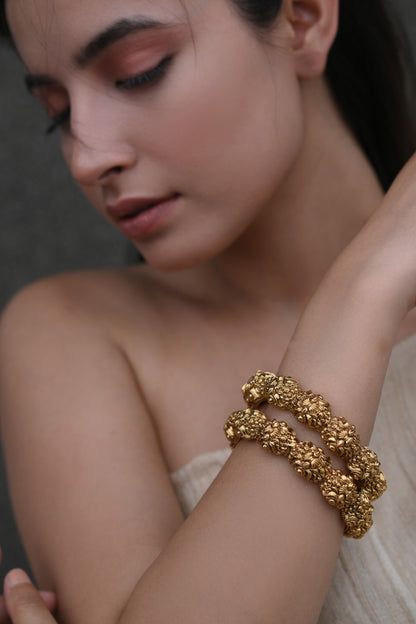 Gold Embossed Temple Bangles Set 
