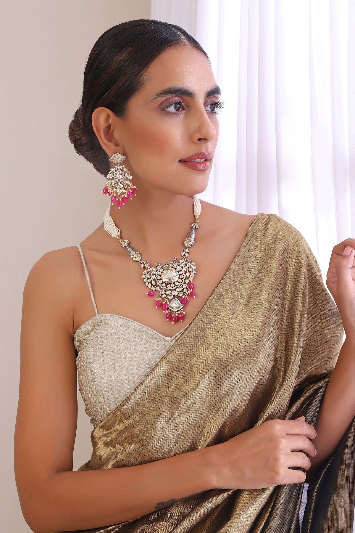 Peacock Moissani Polki Stone Studded Necklace Set 