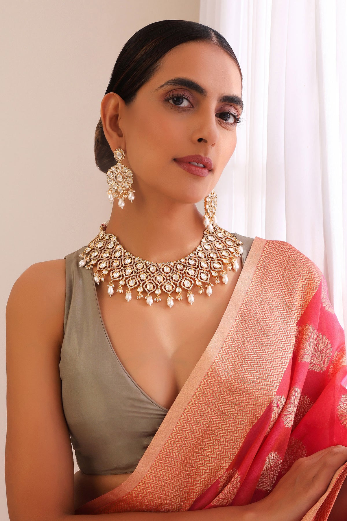 Clear Moissani Polki Studded Necklace Set 