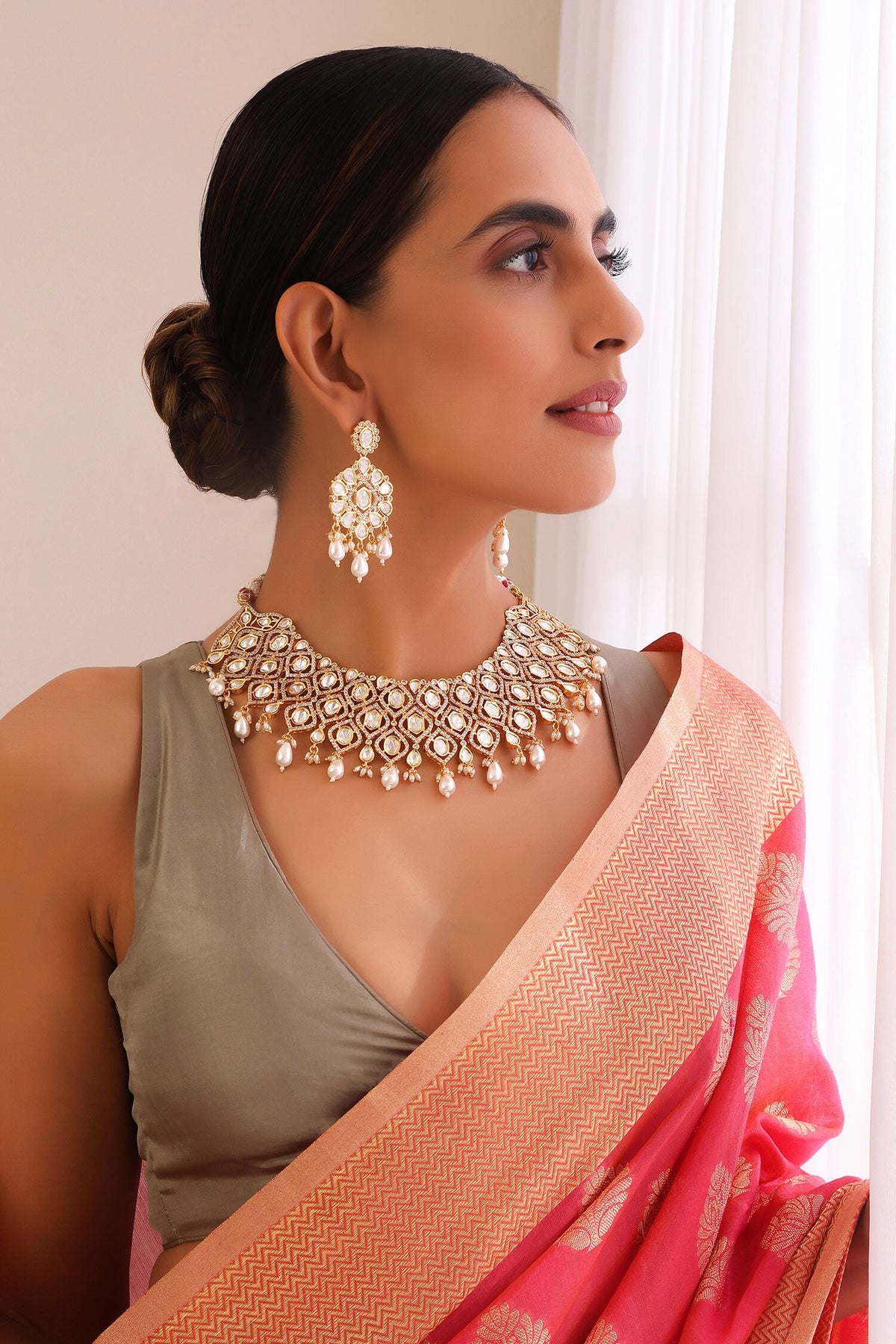 Clear Moissani Polki Studded Necklace Set 