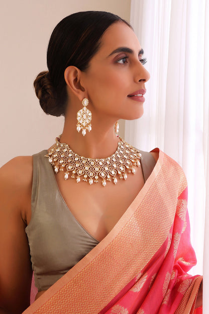 Clear Moissani Polki Studded Necklace Set 