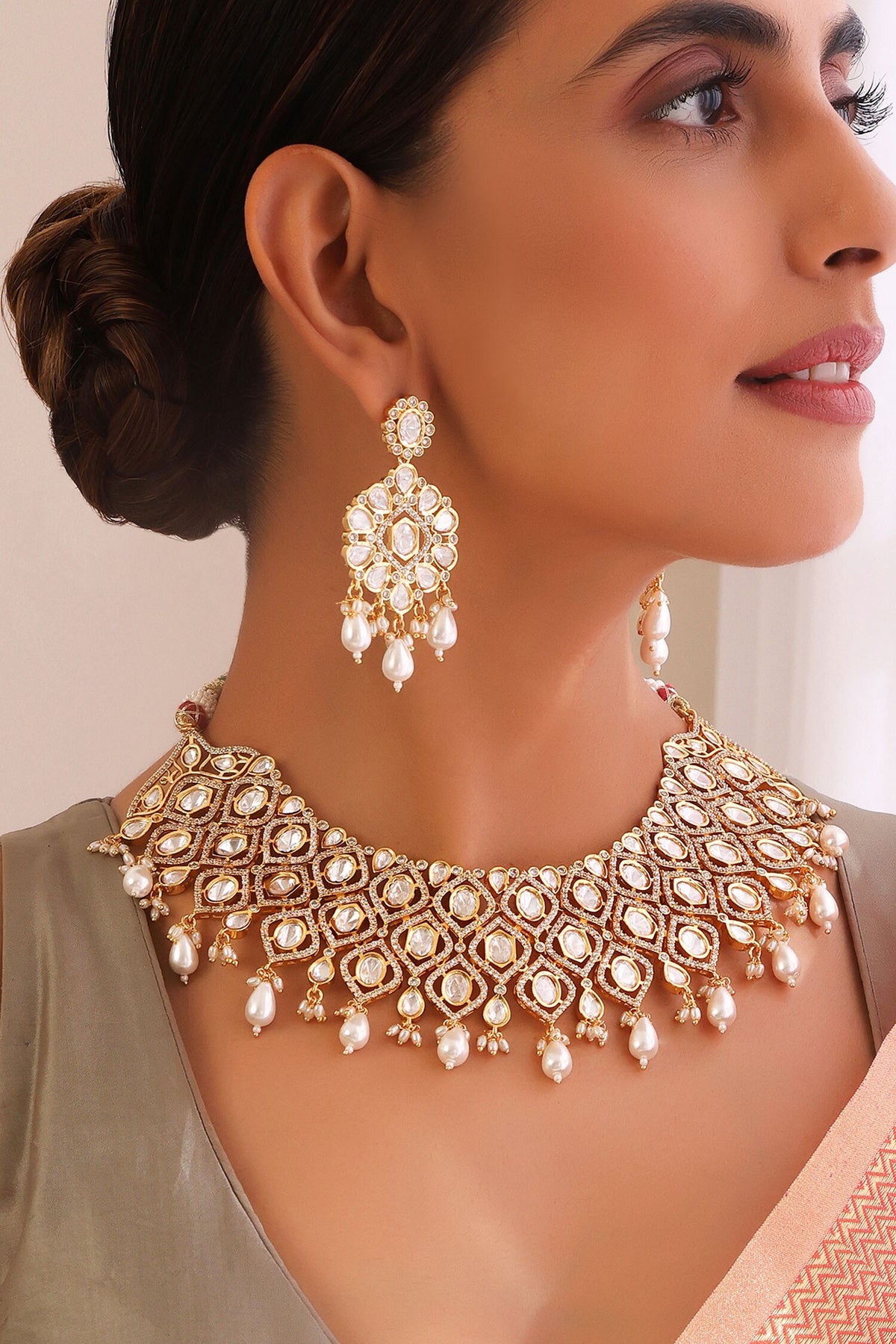 Clear Moissani Polki Studded Necklace Set 