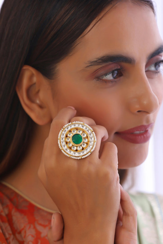 Gold Toned Kundan Ring with Green Stone 