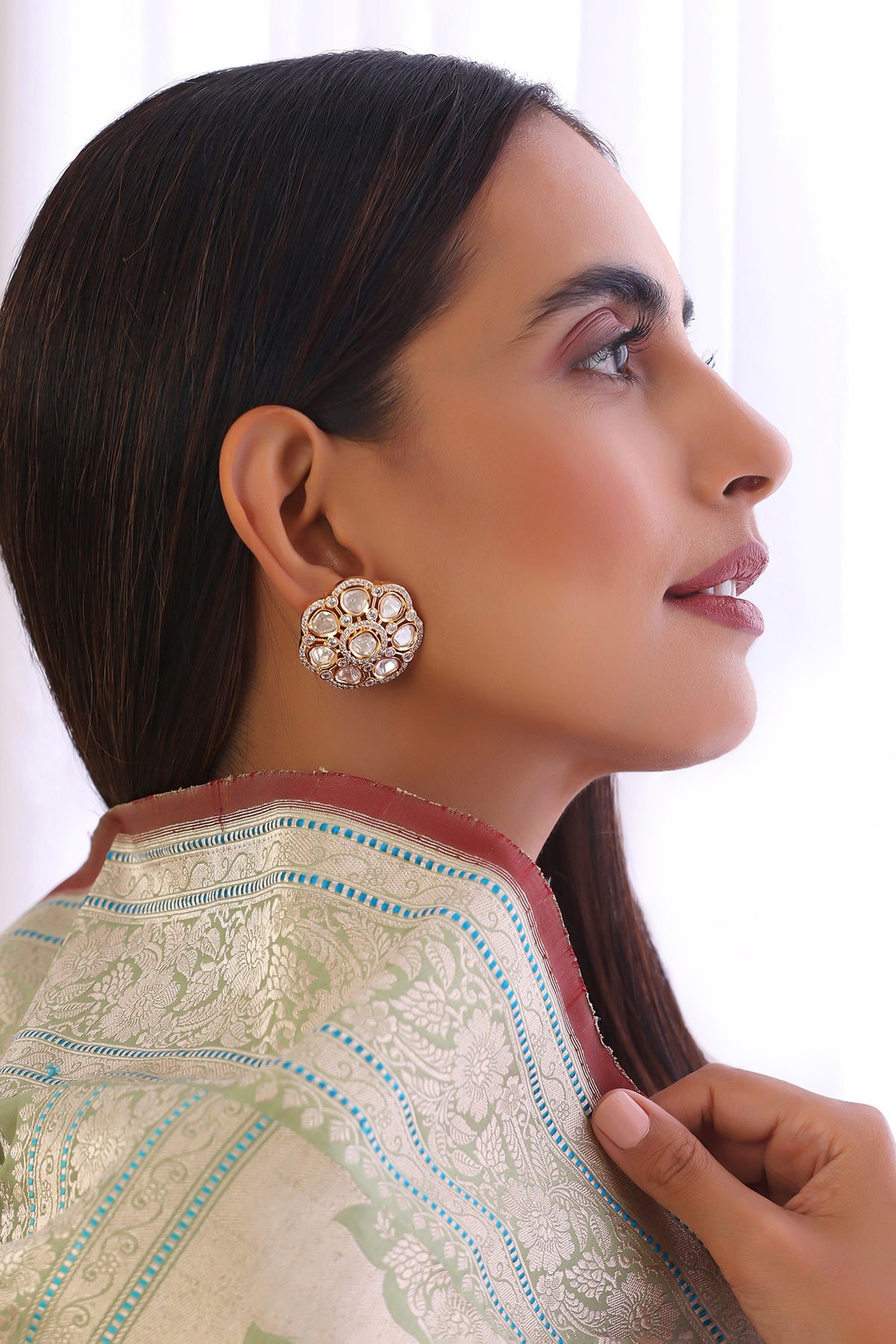 Gleaming Pansy Polki Stud Earrings 