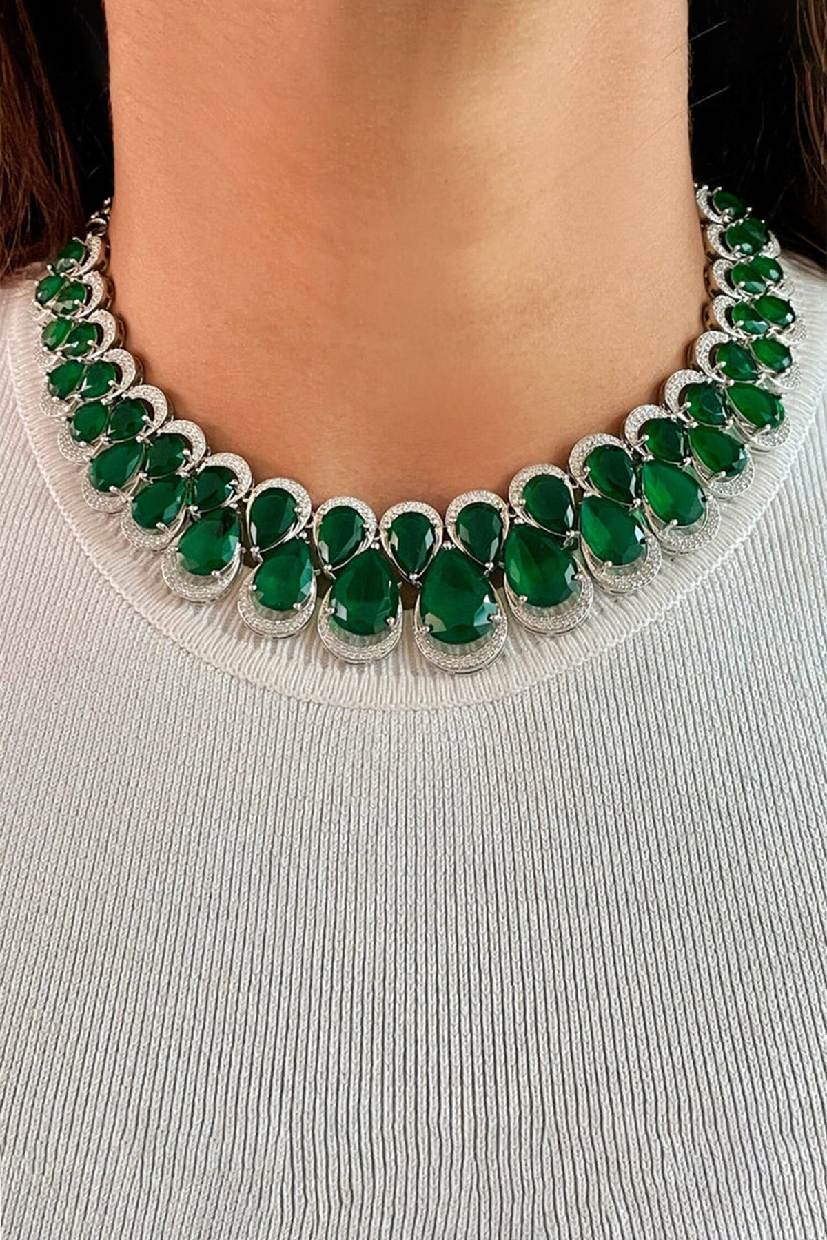 Emerald Embellished Double-Layered Drop Necklace Set 