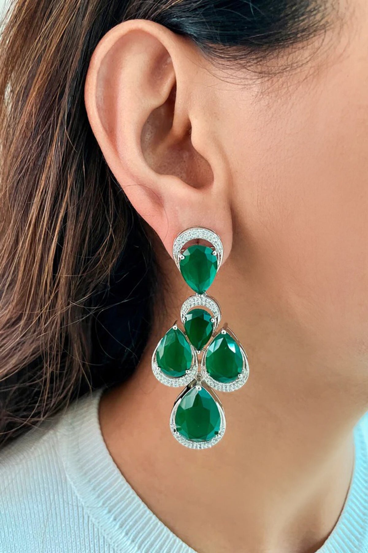 Emerald Embellished Double-Layered Drop Necklace Set 