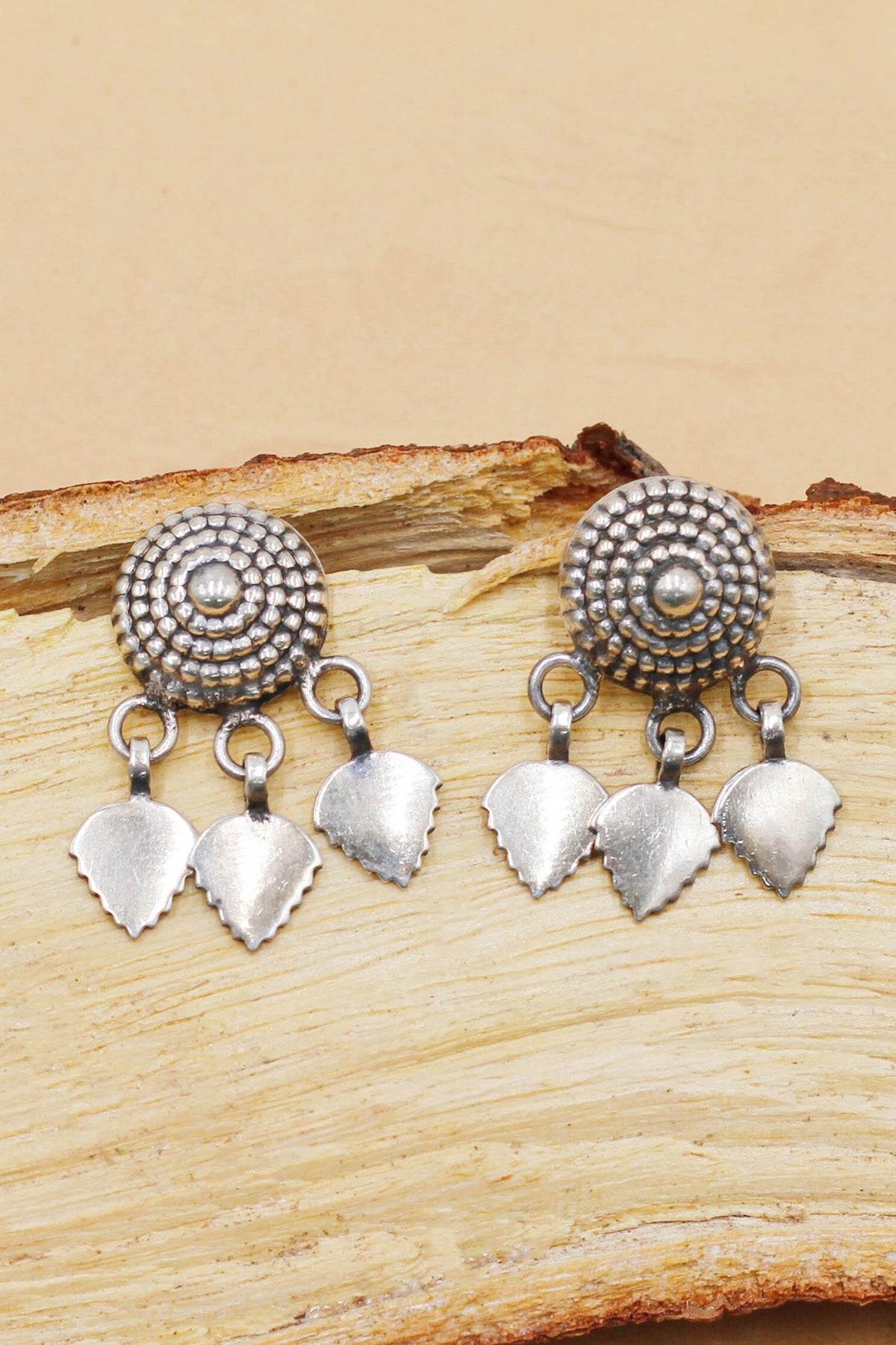Bullian Leaf Oxidised Carved Drop Earrings 
