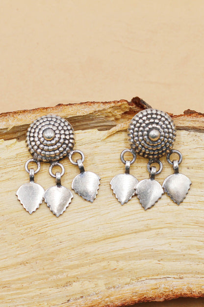 Bullian Leaf Oxidised Carved Drop Earrings 