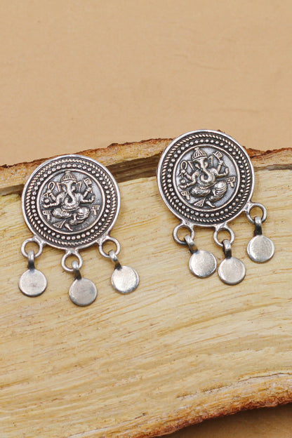 Lord Ganesha Oxidised Carved Coin Drop Earrings 