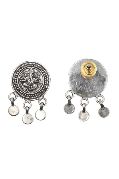 Lord Ganesha Oxidised Carved Coin Drop Earrings 
