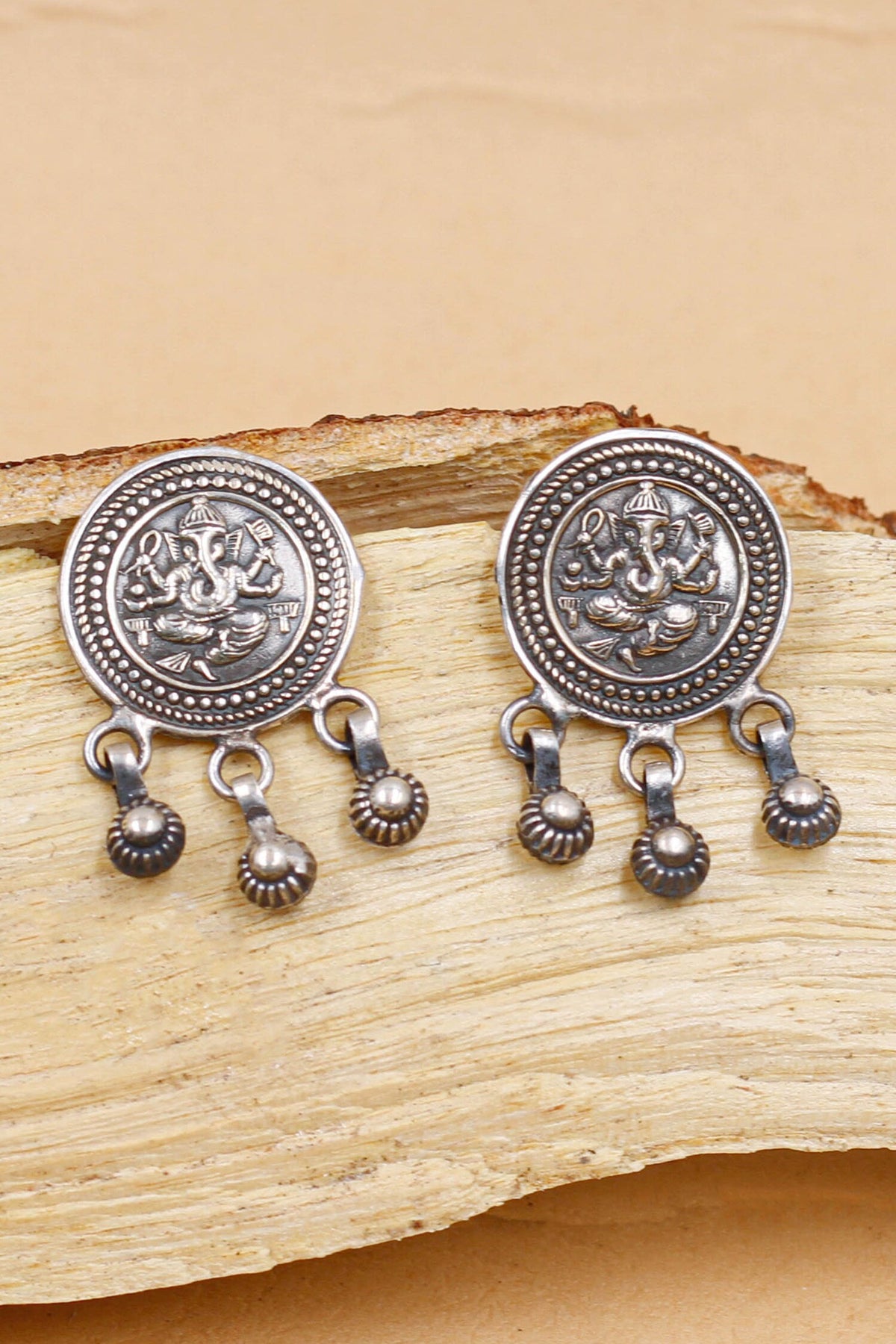 Lord Ganesha Oxidised Carved Starlet Drop Earrings 