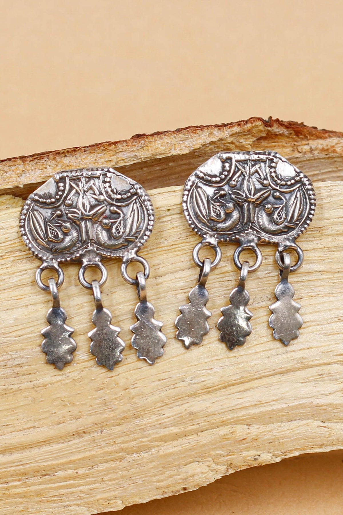 Carved Flitter Leaf Oxidised Drop Earrings 