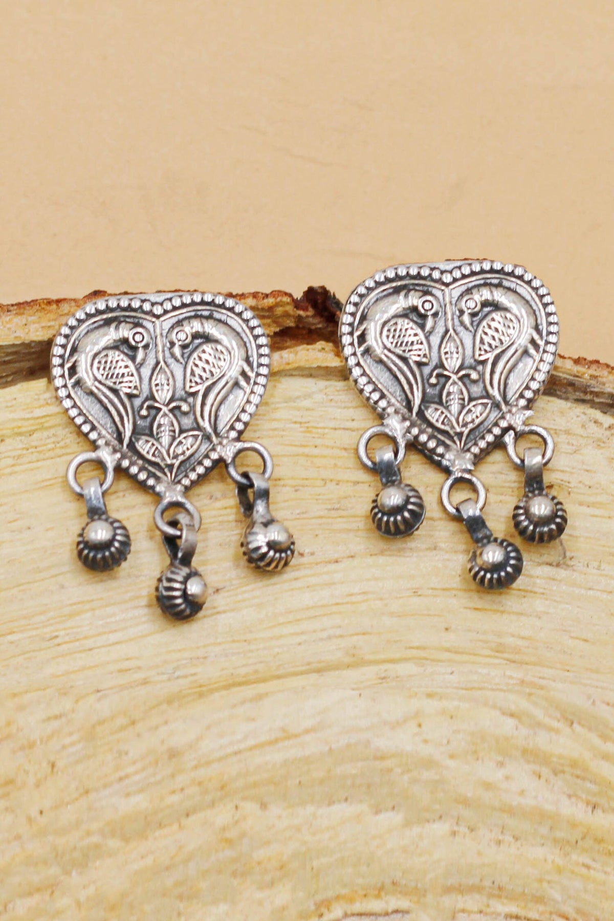 Carved Parrot Oxidised Heart Drop Earrings 