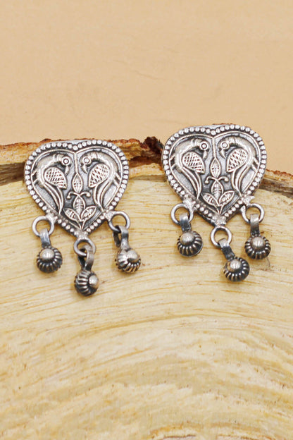 Carved Parrot Oxidised Heart Drop Earrings 