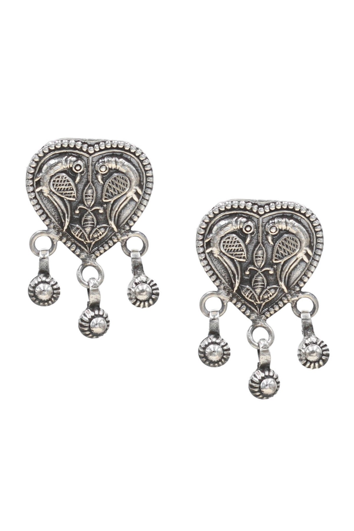 Carved Parrot Oxidised Heart Drop Earrings 