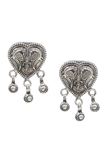 Carved Parrot Oxidised Heart Drop Earrings 
