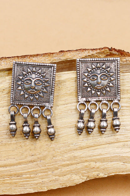 Radiant Sun Carved Oxidised Drop Earrings 