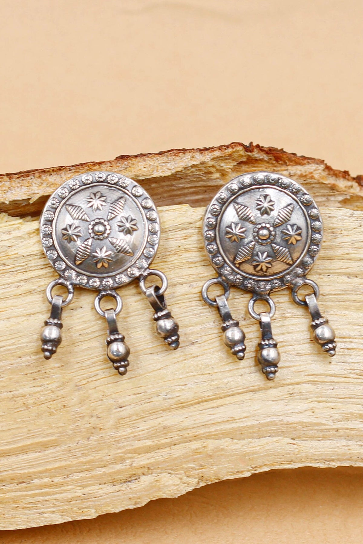 Carved Circular Dangler Earrings 