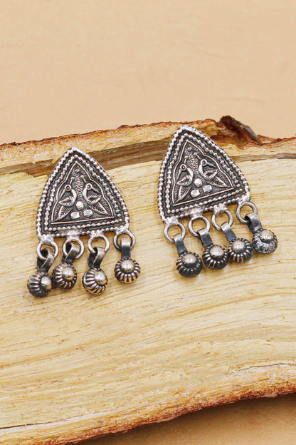 Oxidised Bird Motif Carved Earrings 