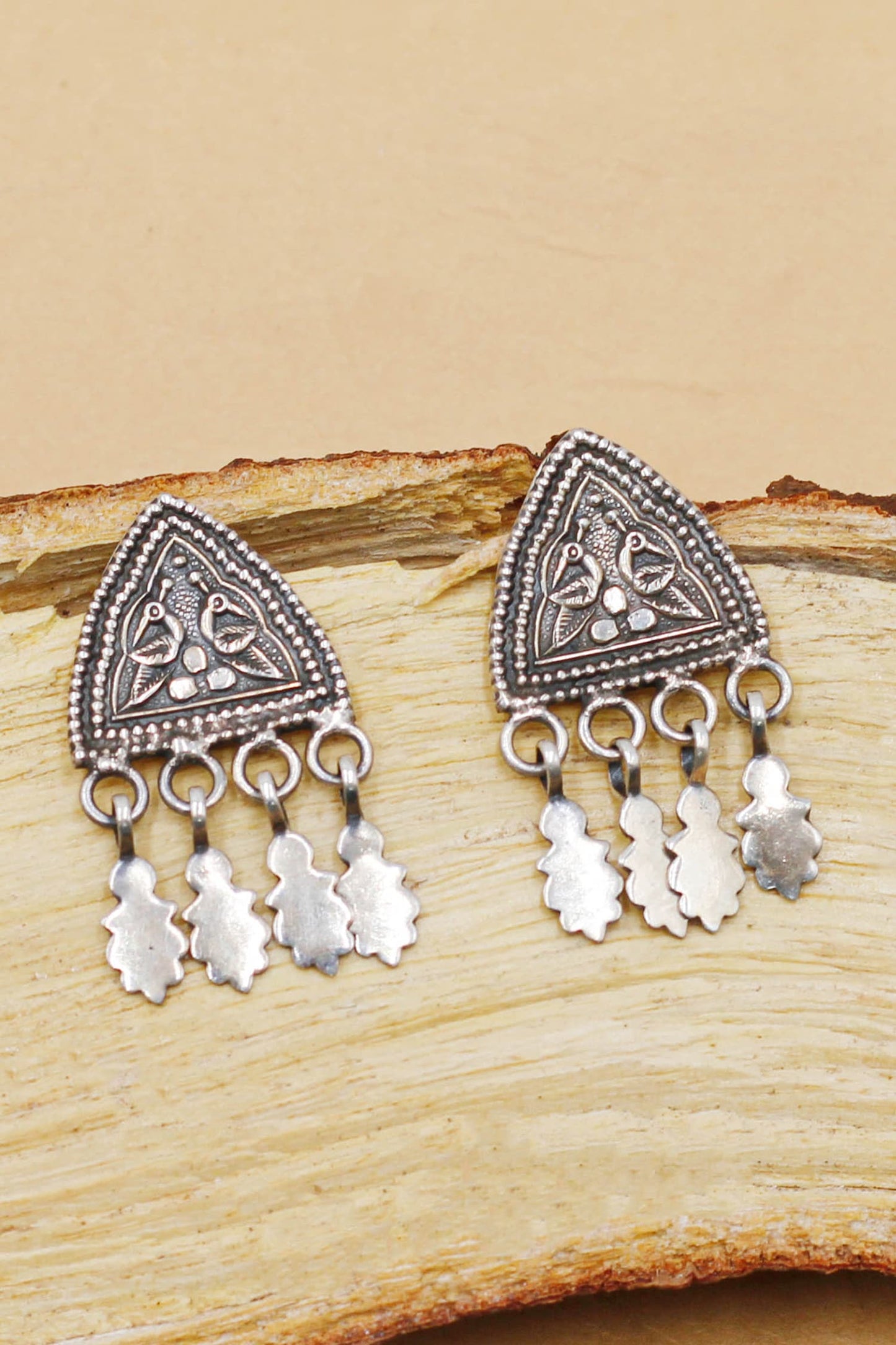 Oxidised Tribal Pattern Triangular Earrings 