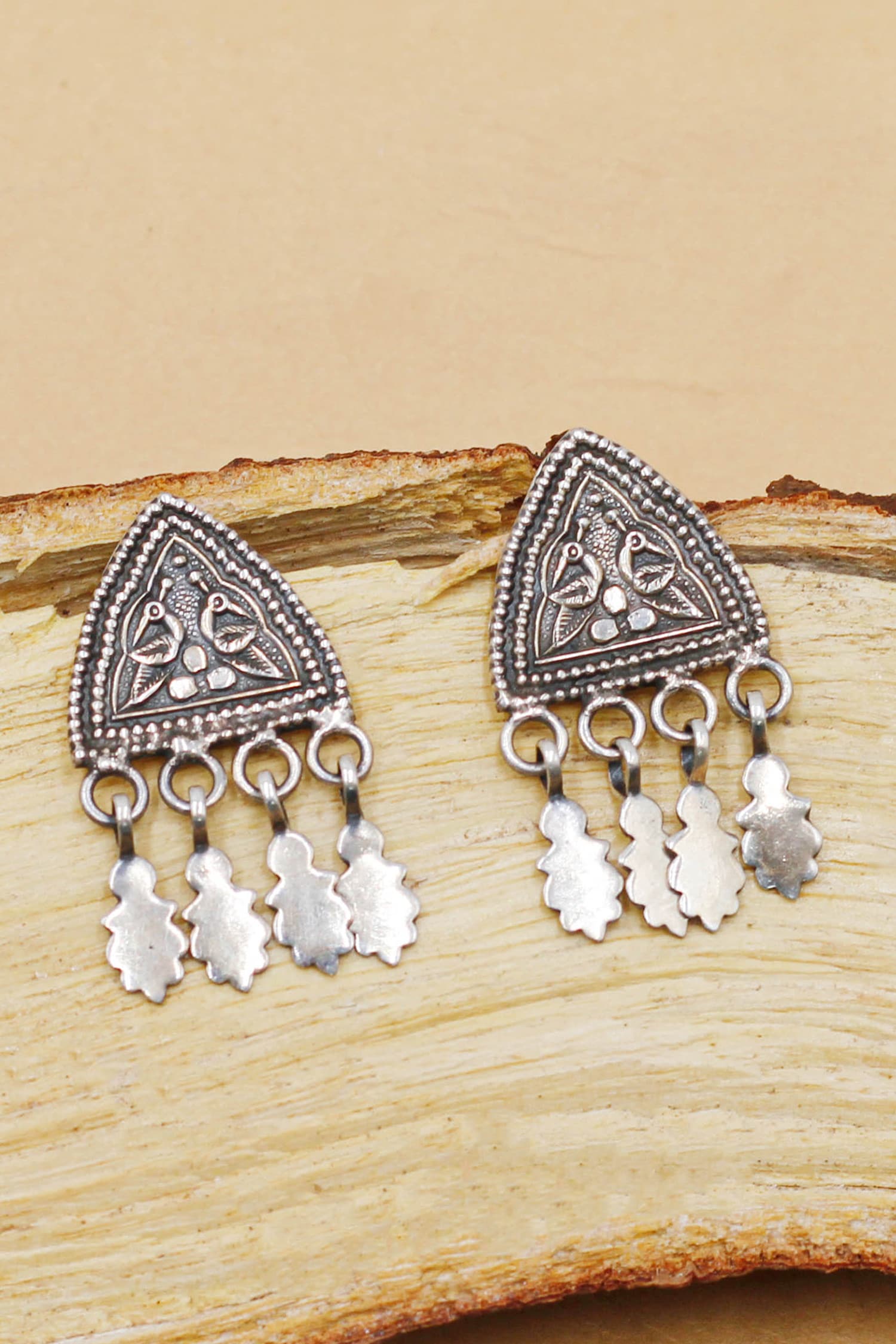 Oxidised Tribal Pattern Triangular Earrings 