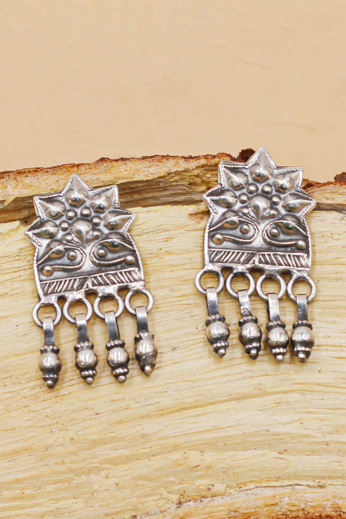 Floral Carved Oxidised Earrings 