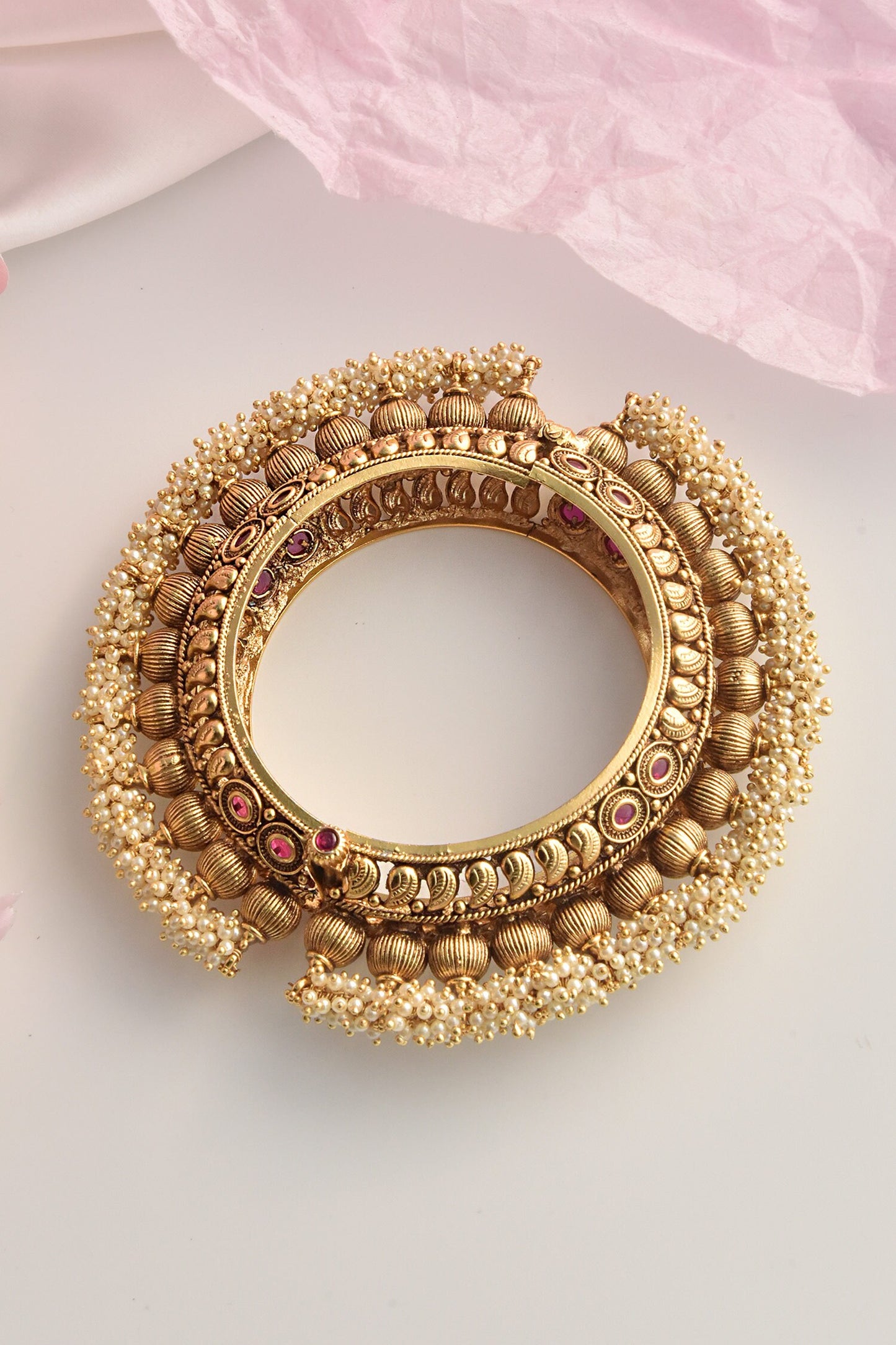 Pearl Embellished Temple Work Kada 