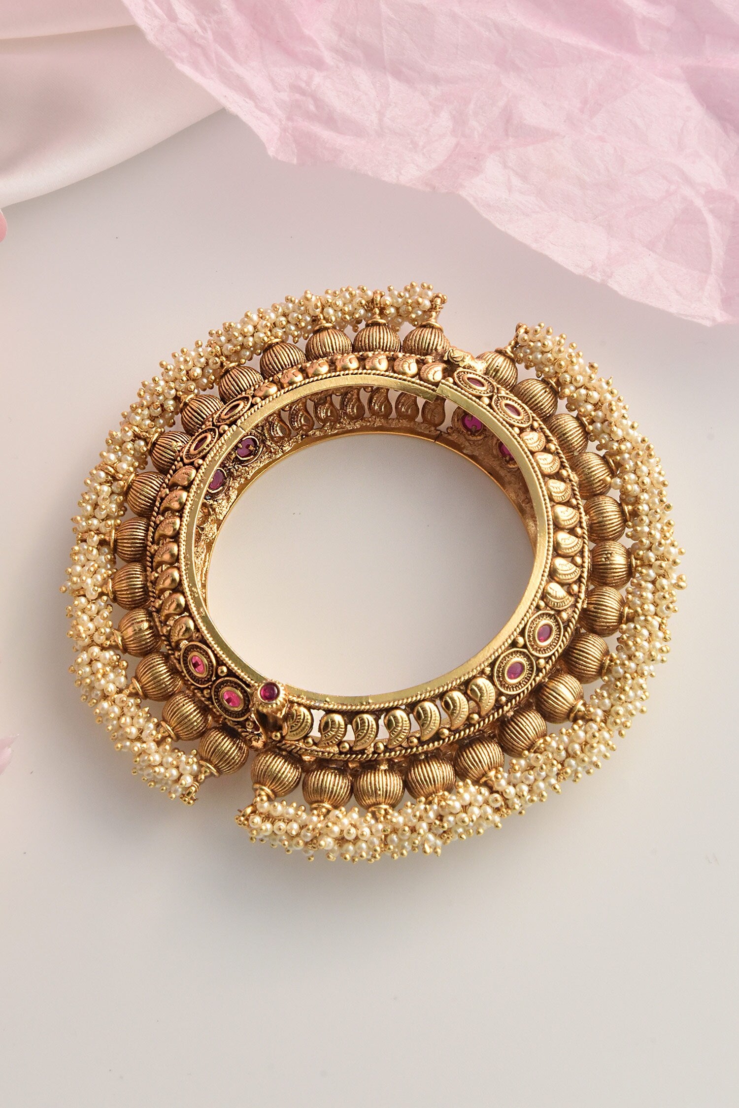 Pearl Embellished Temple Work Kada 